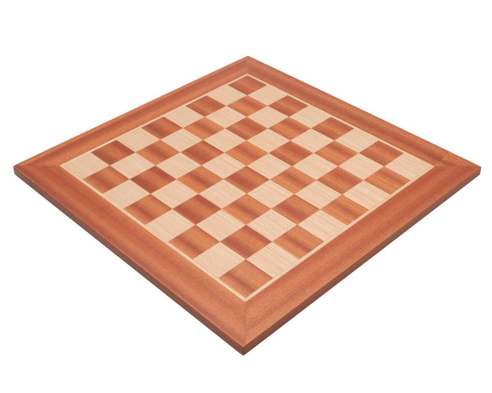 16 inch Manopoulos Mahogany Chess Board with high quality Mahogany and Birch veneers, crafted in Greece, featuring 1.57 inch playing squares.