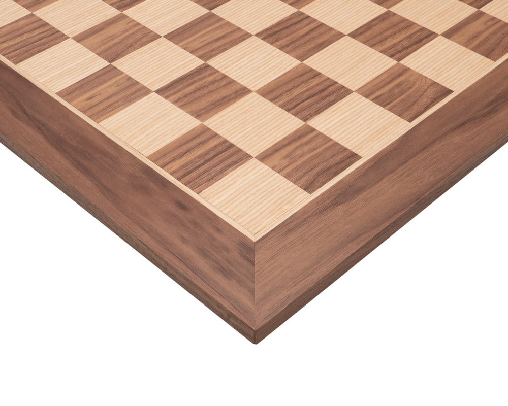 Close-up of 20 inch Manopoulos walnut chess board with a linen playing surface, showcasing detailed craftsmanship and premium quality finish.