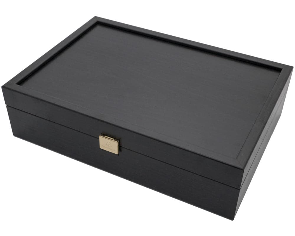 Dark wood chess piece storage case with brass clasp from Manopoulos, crafted in wenge laminate.