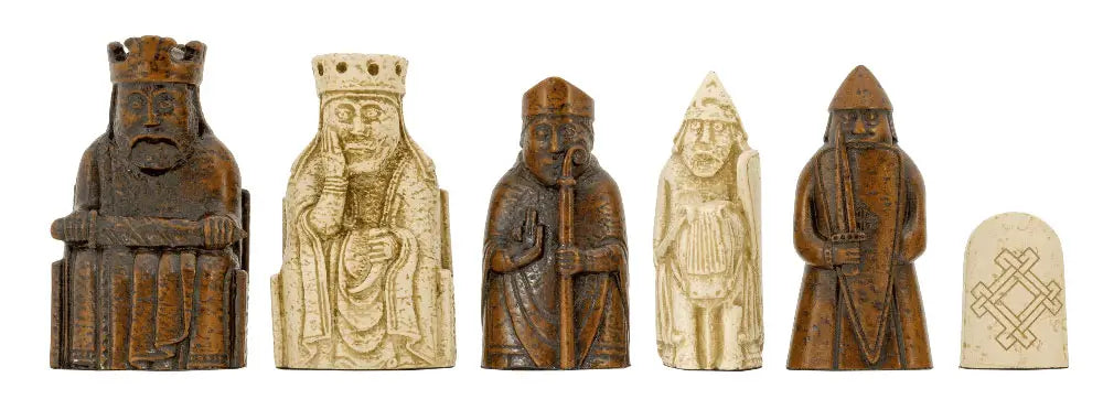 Six medieval chess pieces including a king, queen, bishop, knight, rook, and pawn, reminiscent of the Lewis Chessmen.