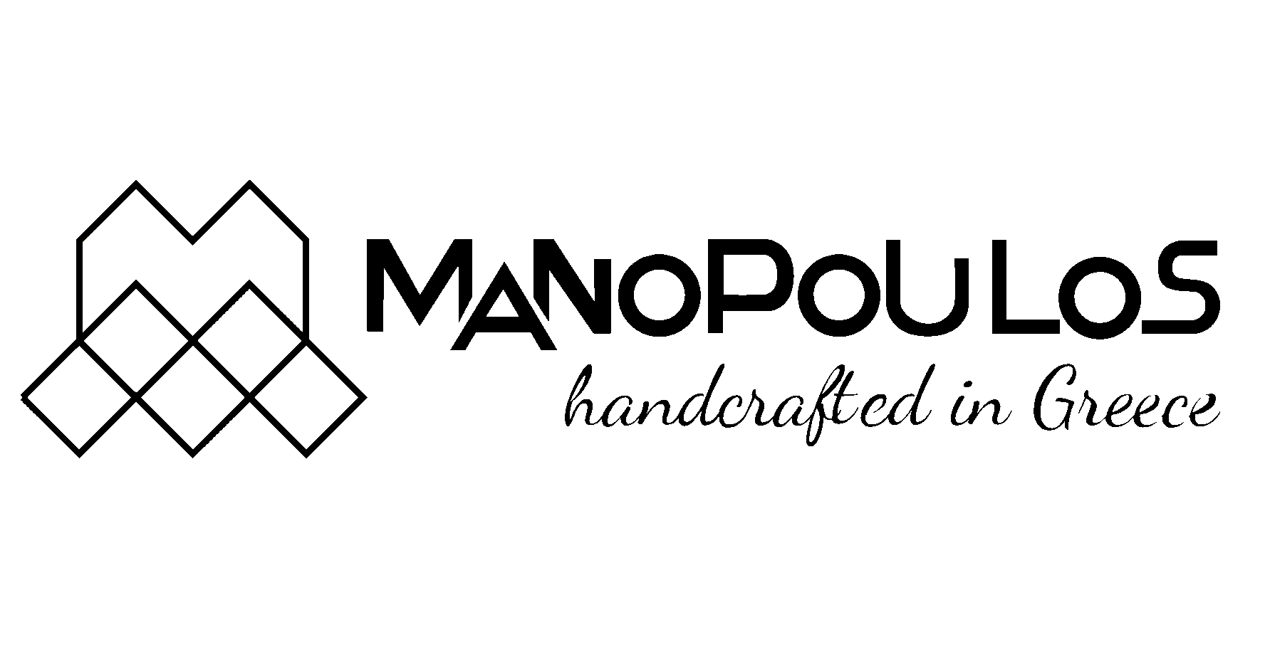 Manopoulos logo with text "handcrafted in Greece" and geometric design in black.